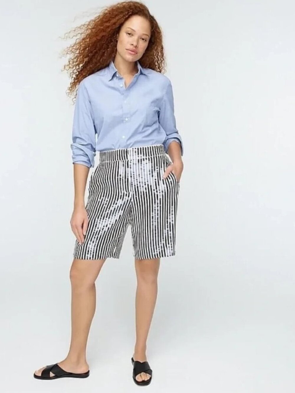 NWT J.Crew Collection 10" Bermuda Short in Black Ivory Sequin Stripe Shorts 6